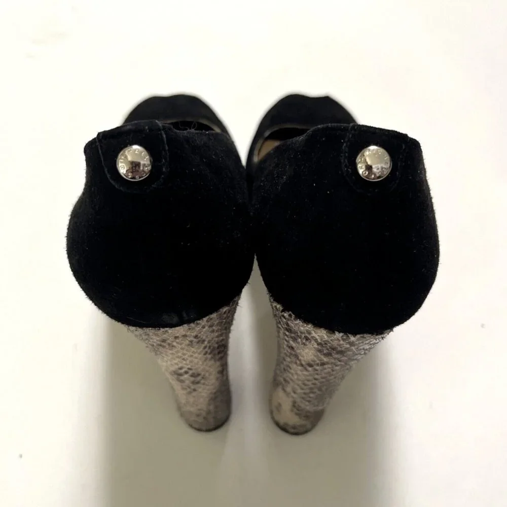 Michael Kors Black Suede Peep Toe Platform Pumps Snakeskin Heels Size 7.5 NWOB